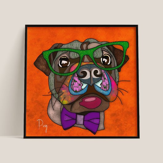  Crazy Pug dog face-hand geschilderd  Poster