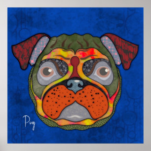 Crazy Pug dog face-handbeschilderd Poster