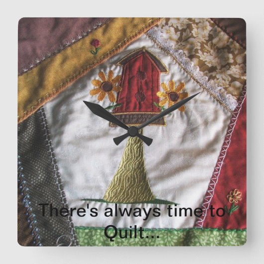 Crazy Quilt Birdhouse Vierkante Klok (Voorkant)
