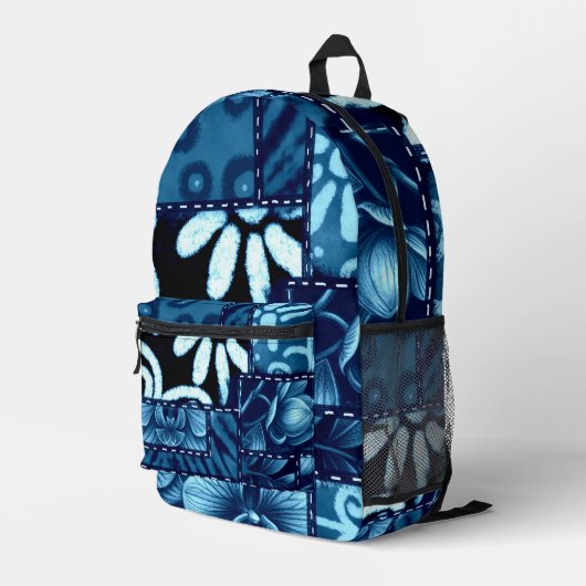 Crazy Quilt Blau Bloem Gingham Patroon Abstract Bedrukte Rugzak (Achterkant Hoek Rechts)