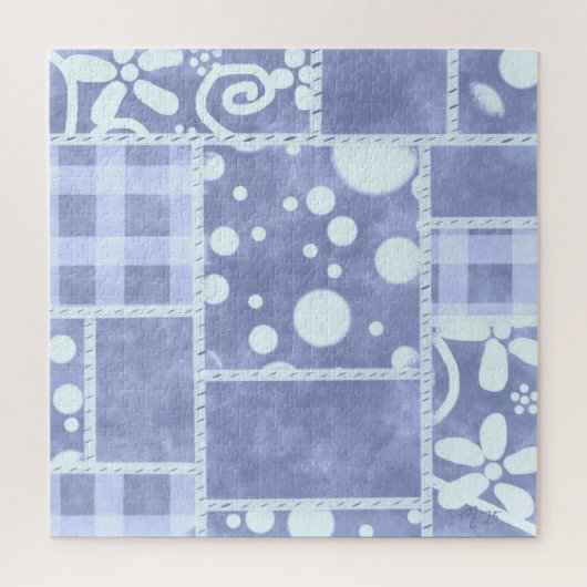 Crazy Quilt Blauwe Gingham Bloemenpatroon Legpuzzel (Verticaal)