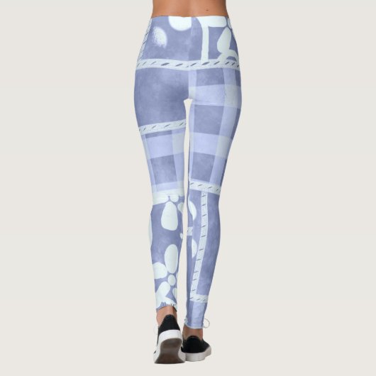 Crazy Quilt Blauwe Gingham Bloemmotief Leggings (Achterkant)