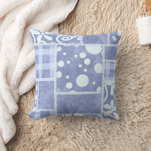 Crazy Quilt Blauwe Gingham Bloemstuk Persoonlijk  Kussen (Deken)