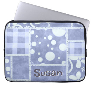 Crazy Quilt Blauwe Gingham Bloemstuk Persoonlijk  Laptop Sleeve