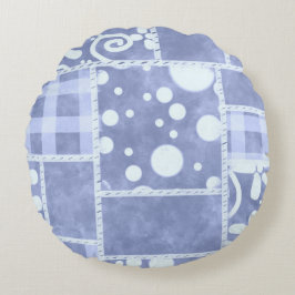 Crazy Quilt Blauwe Gingham Bloemstuk Persoonlijk  Rond Kussen