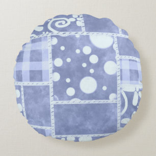 Crazy Quilt Blauwe Gingham Bloemstuk Persoonlijk  Rond Kussen