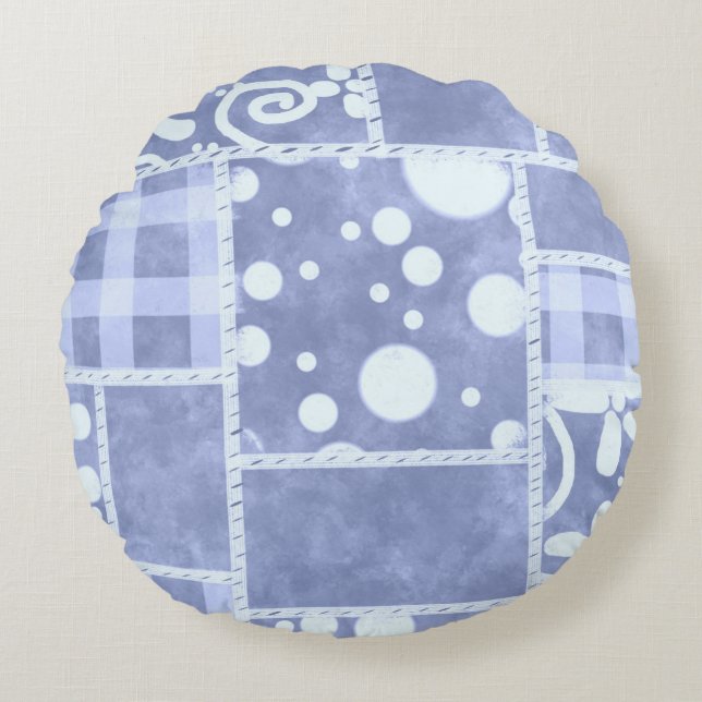 Crazy Quilt Blauwe Gingham Bloemstuk Persoonlijk  Rond Kussen (Voorkant)