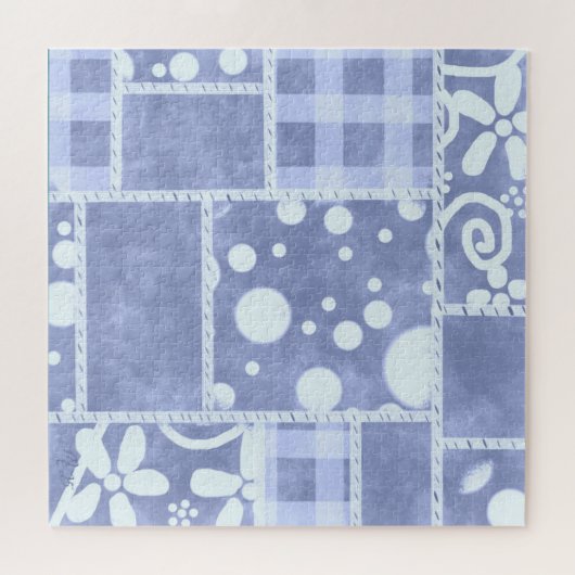 Crazy Quilt Blue Gingham Floral Pattern  Legpuzzel (Horizontaal)