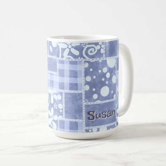 Crazy Quilt Blue Gingham Floral Personalized Koffiemok (Voorkant rechts)