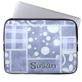 Crazy Quilt Blue Gingham Floral Personalized  Laptop Sleeve