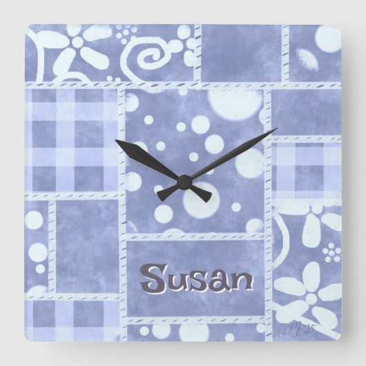 Crazy Quilt Blue Gingham Floral Personalized  Vierkante Klok (Voorkant)