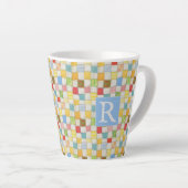 CRAZY QUILT Latte mok + tekst / Blauw (Rechterhoek)