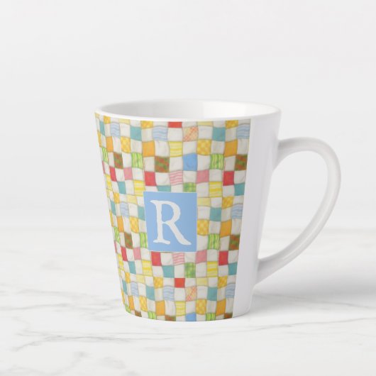 CRAZY QUILT Latte mok + tekst / Blauw (Rechts)