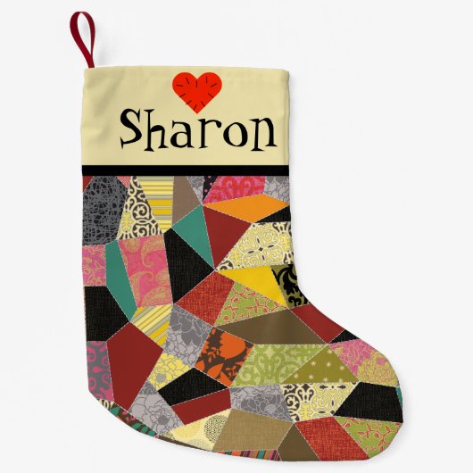 Crazy Quilt Patchwork Monogram Kleine Kerstsok (Voorkant)