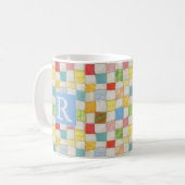 CRAZY QUILT Witte mok + tekst / Blauw (Voorkant links)
