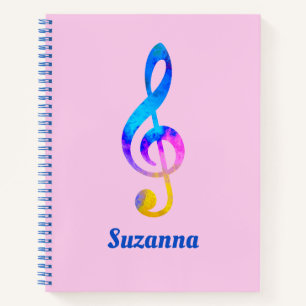 Crazy Rainbow Swirl Treble Clef en Name Pink Notitieboek