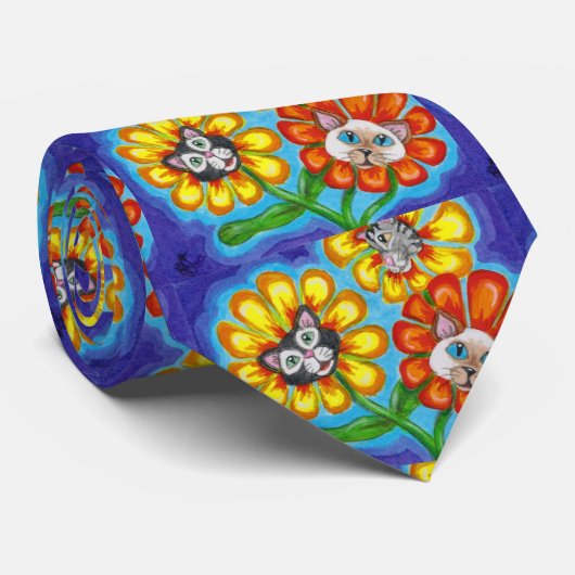 Crazy Retro Tuxedo, Siamese Cat Daisies Stropdas (Opgerold)