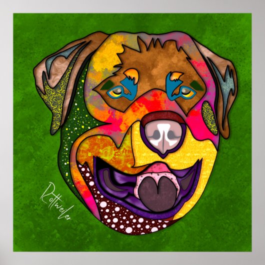 Crazy Rottweiler-hond, met de hand geschilderd Poster (Voorkant)