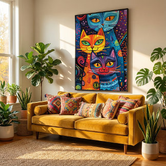 Crazy Schattige Cats: Bright Doodle Cartoon Banner Poster