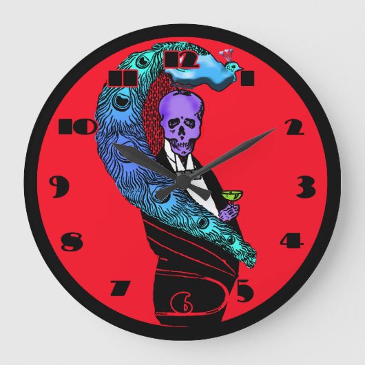 Crazy Skull en Peacock Red Clock Grote Klok (Voorkant)