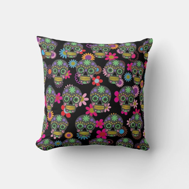 Crazy Sugar Skull en Bloemen Zwart Kussen (Voorkant)