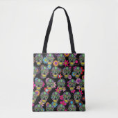 Crazy Sugar Skull en Flowers Black Tote Bag (Voorkant)