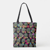 Crazy Sugar Skull en Flowers Black Tote Bag (Achterkant)