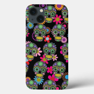 Crazy Sugar Skull en Flowers op Black Pattern Case-Mate iPhone Case