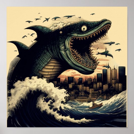 Crazy Sushi Shark Anime Attacking Poster (Voorkant)