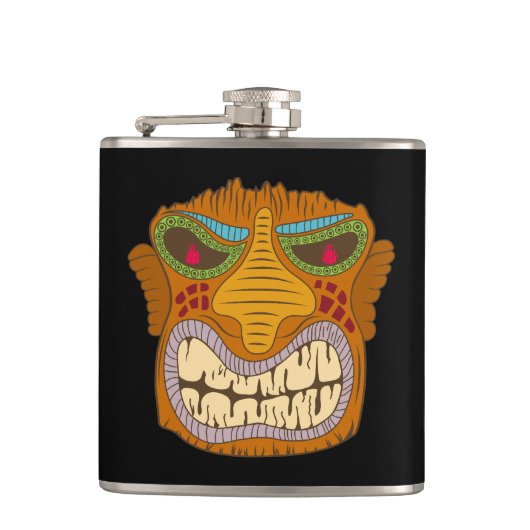 Crazy Tiki Head met vlammen in zijn ogen, zwart Heupfles (Voorkant)