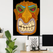 Crazy Tiki Head met vlammen in zijn ogen, zwart Poster (Thuiskantoor)