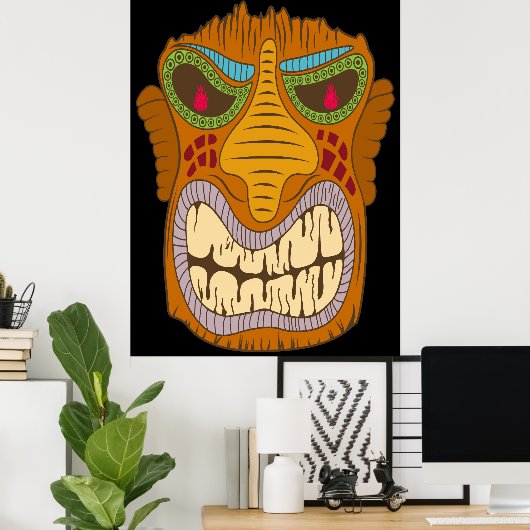 Crazy Tiki Head met vlammen in zijn ogen, zwart Poster (Thuiskantoor)