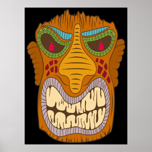 Crazy Tiki Head met vlammen in zijn ogen, zwart Poster (Voorkant)