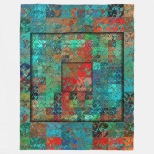Crazy Turquoise en Red Squares en Squiggles Fleece Deken
