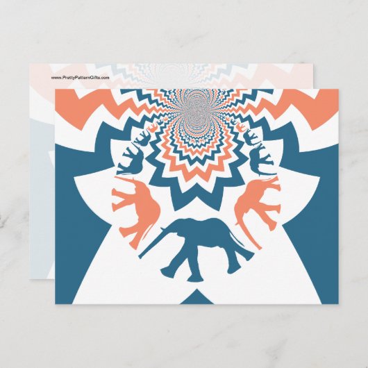 Crazy Walking Elephants Coral Blue Chevron Pattern Briefkaart (Voorkant / Achterkant)