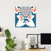 Crazy Walking Elephants Coral Blue Chevron Pattern Poster (Thuiskantoor)
