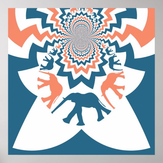 Crazy Walking Elephants Coral Blue Chevron Pattern Poster (Voorkant)
