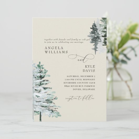 Crea beige winter bos bruiloft uitnodiging (Staand voorkant)
