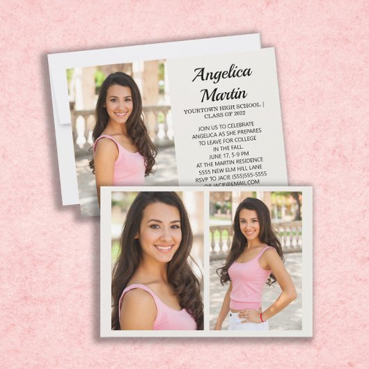 Cream 2-Sided 3 Photo Graduparty Invitation Kaart