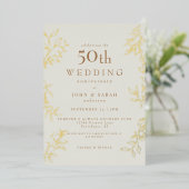 Cream 50th Wedding Jubileum Gold Folie Uitnodiging (Staand Voorkant)