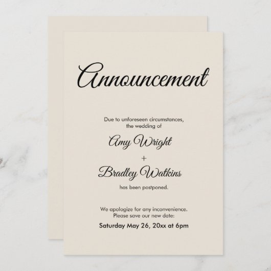 Cream aankondiging uitgesteld bruiloft Kaart (Voorkant / Achterkant)
