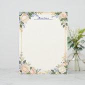 Cream and Blue Floral with Gold Frame Stationery Briefhoofd (Staand voorkant)
