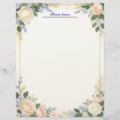 Cream and Blue Floral with Gold Frame Stationery Briefhoofd (Voorkant)