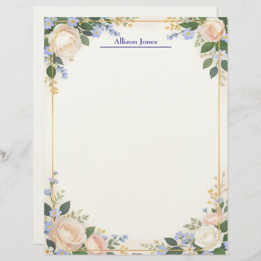 Cream and Blue Floral with Gold Frame Stationery Briefhoofd (Voorkant / Achterkant)