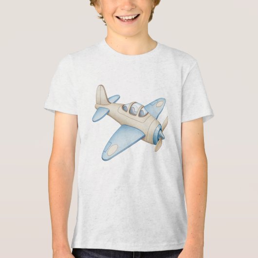 Cream and Blue Watercolor Propeller Plane  Tri-Blend Shirt (Voorkant)