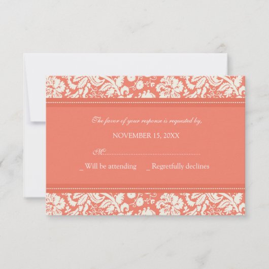Cream and Coral Damask RSVP Weddenskaart (Voorkant)