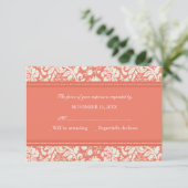 Cream and Coral Damask RSVP Weddenskaart (Staand voorkant)
