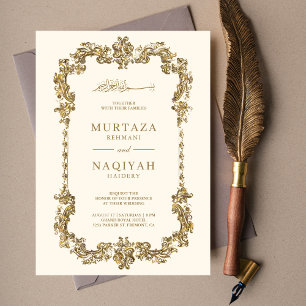 Cream and Gold Antiek Gilded Lijst Muslim Wedding Kaart