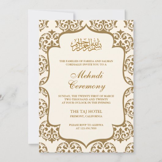 Cream and Gold Damask Islamic Mehndi Ceremonony Kaart (Voorkant)