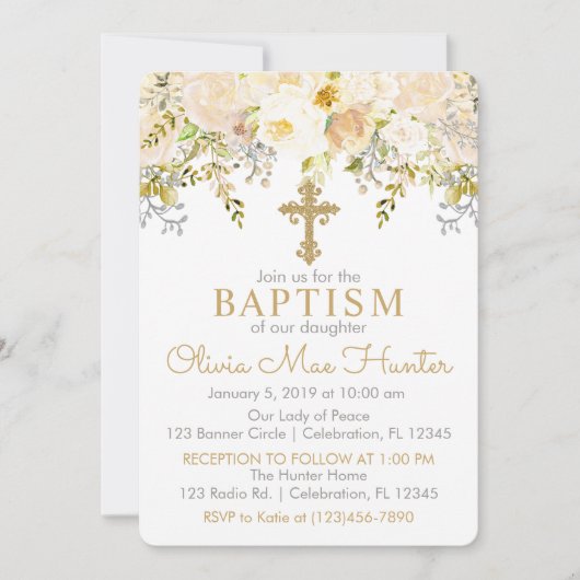 Cream and Gold Floral Garden Baptisme Kaart (Voorkant)